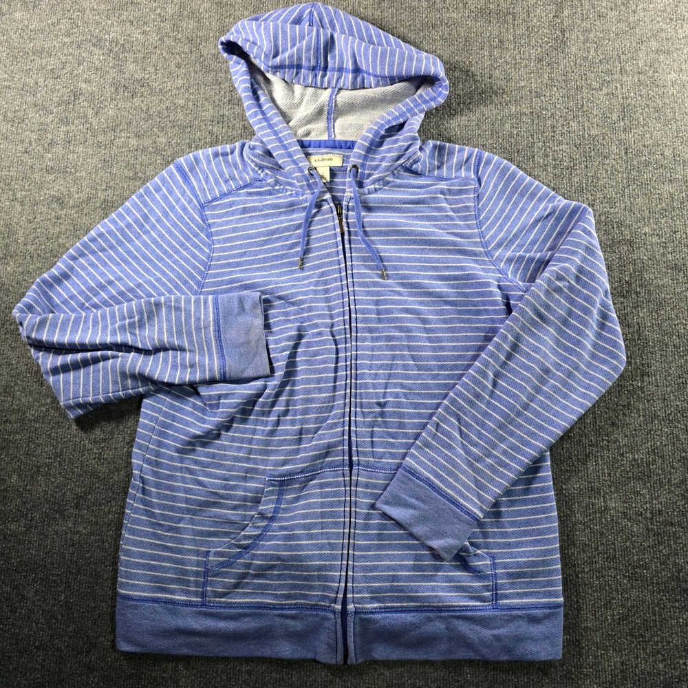 LL Bean Womens Large Blue White Striped Full Zip Hoodie Sweatshirt Lightweight